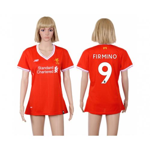 Women's Liverpool #9 Firmino Red Home Soccer Club Jersey - Click Image to Close